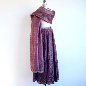 Vintage Embroidered Sequin Brown Maroon Paisley Lengha Skirt Dupatta Shawl